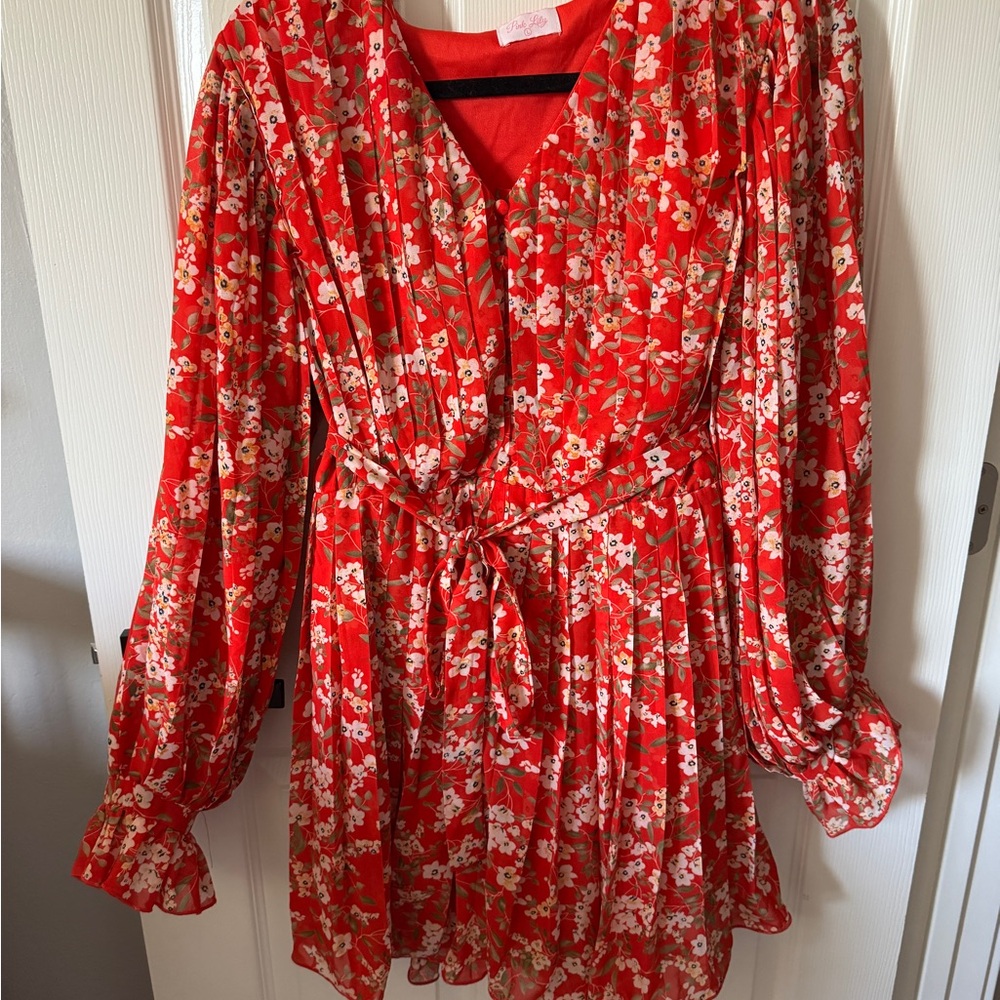 Floral Red Long Sleeve Dress